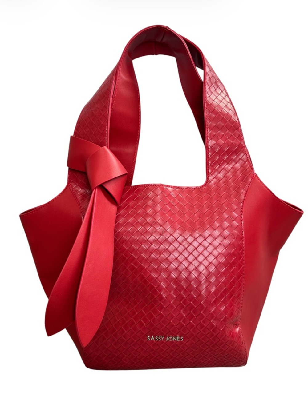 SASSY JONES  Red Woven/Smooth Trim  Vegan Leather Tote Bag Bow Handle Accent